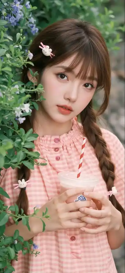 4k清新壁纸 - 绿植 - 双马尾 - 真人美女「哲风壁纸」