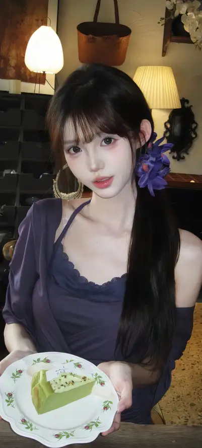 4k长发壁纸 - 露肩装 - 室内背景 - 抹茶蛋糕「哲风壁纸」