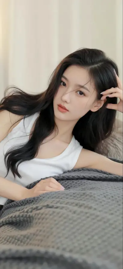 4k室内床铺壁纸 - 白衣美女 - 真人美女 - 长发美女「哲风壁纸」