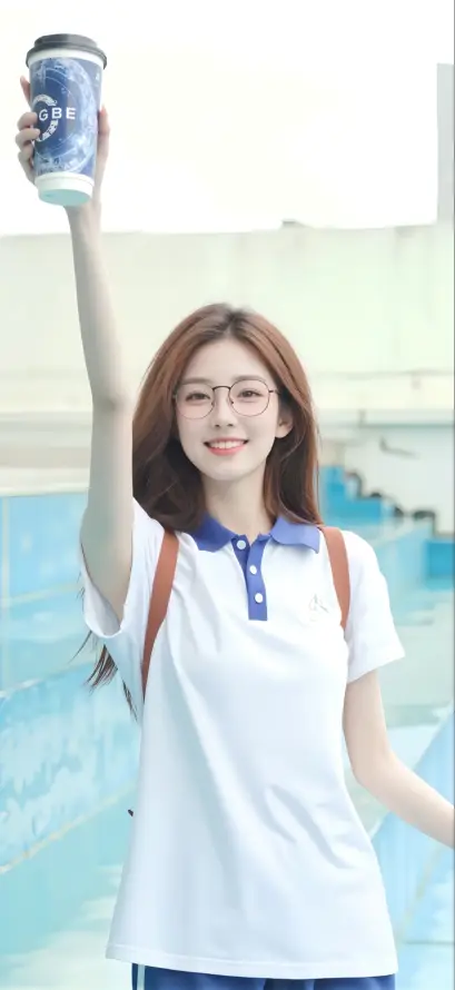4k举饮料壁纸 - 校服美女 - 泳池背景 - 清新风格「哲风壁纸」