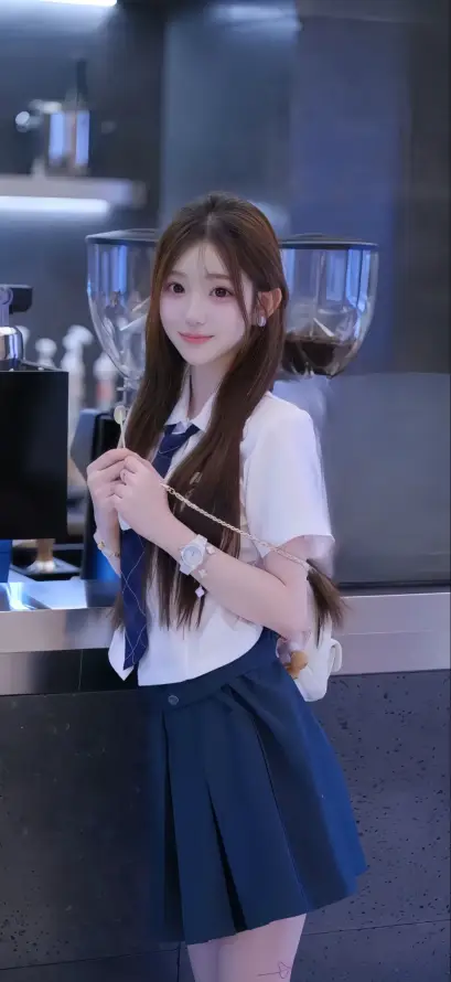 4k蓝裙壁纸 - 白衬衫 - 吧台背景 - 校服美女「哲风壁纸」