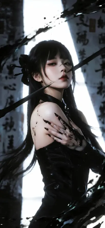 4k暗黑风格壁纸 - 水墨特效 - 真人美女 - 长发美女「哲风壁纸」