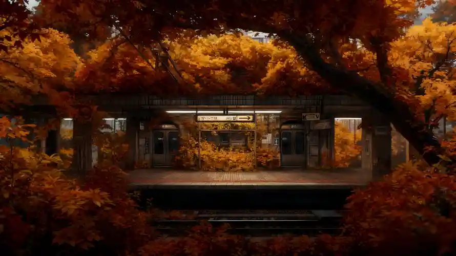 4k秋叶壁纸 - 秋天 - 站台 - 车站「哲风壁纸」
