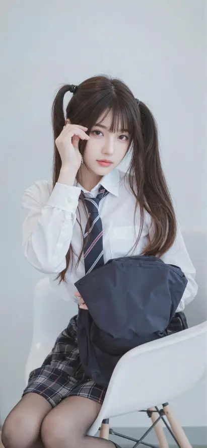 4k黑丝壁纸 - 双马尾 - 格子裙 - 白衬衫「哲风壁纸」
