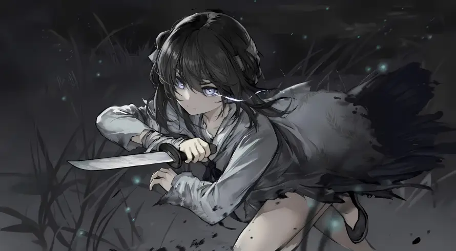 4k持刀壁纸 - 满穗 - 战斗姿态 - 黑发少女「哲风壁纸」