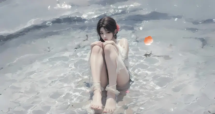 2k戏水壁纸-橙色球 - 抱膝-水中云曦壁纸推荐「哲风壁纸」