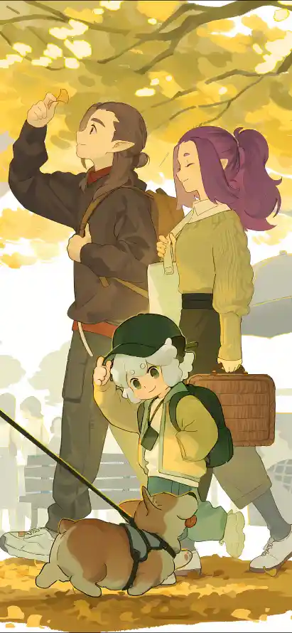 4k秋天壁纸 - 落叶 - 行人 - 柯基犬「哲风壁纸」