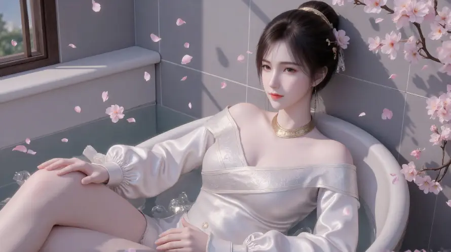 4k徐欣壁纸 - 樱花 - 浴缸 - 白裙「哲风壁纸」