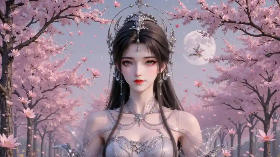 4k仙侠壁纸 - 古风 - 月亮 - 樱花「哲风壁纸」