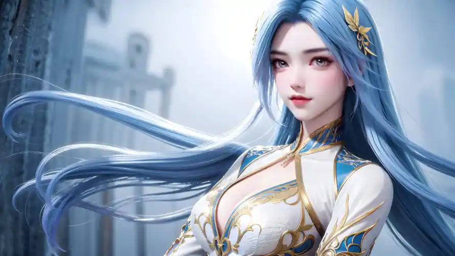 4k蓝发壁纸 - 王秋儿 - 华丽服饰 - 古风背景「哲风壁纸」