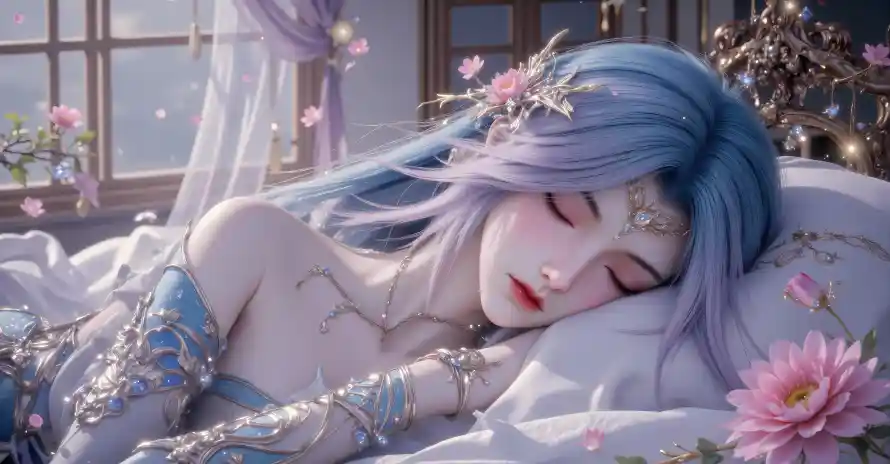 4k古风壁纸 - 睡颜 - 花朵 - 蓝发「哲风壁纸」 4k古风壁纸 - 睡颜 - 花朵 - 蓝发「哲风壁纸」