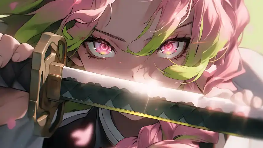 4k动漫壁纸-粉绿头发与持剑-粉色眼睛壁纸分享「哲风壁纸」