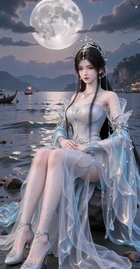 4k仙裙壁纸 - 古风 - 月夜 - 水边「哲风壁纸」