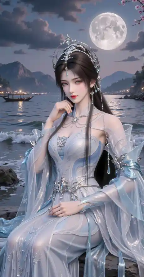 4k古风壁纸 - 月夜 - 海景 - 清漪「哲风壁纸」