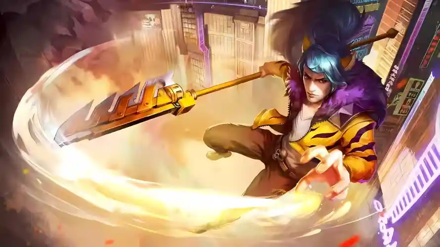 4k蓝发壁纸 - 长枪 - 韩信 - 战斗姿态「哲风壁纸」