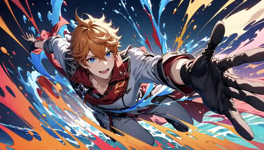 4k原神壁纸 - 彩色泼墨 - 战斗姿态 - 橙色头发「哲风壁纸」