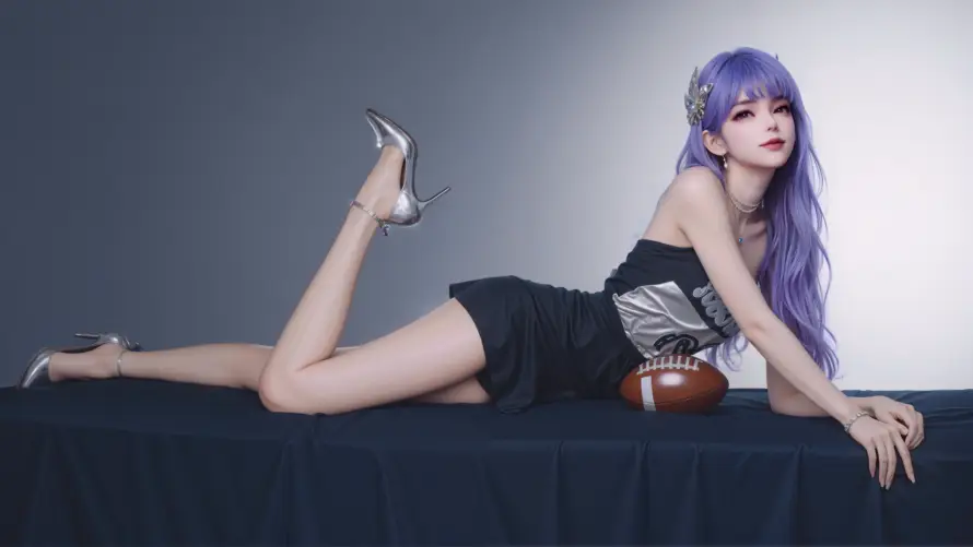 4k美女壁纸 - 采儿 - 橄榄球 - 灰色背景「哲风壁纸」