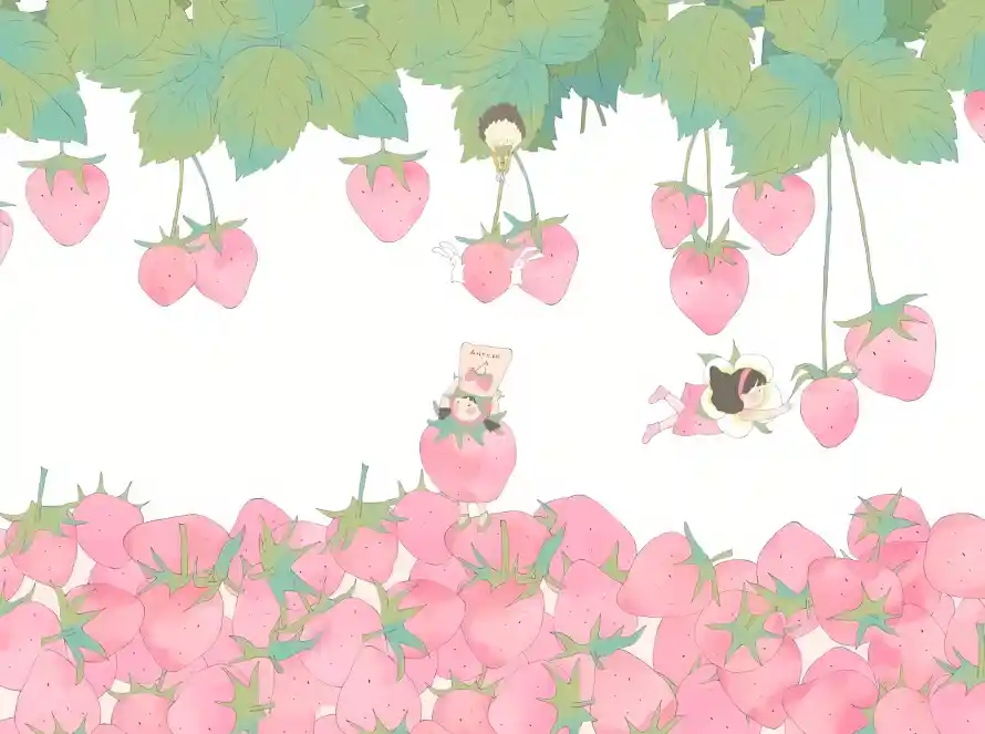4k卡通壁纸 - 可爱 - 绿叶 - 草莓「哲风壁纸」