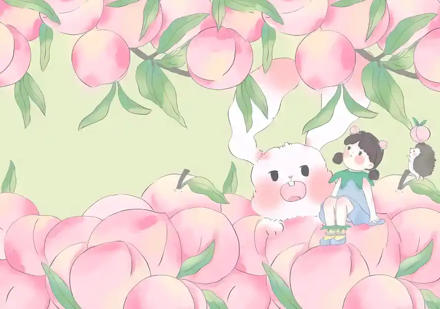 4k兔子壁纸 - 卡通 - 桃子 - 绿叶「哲风壁纸」