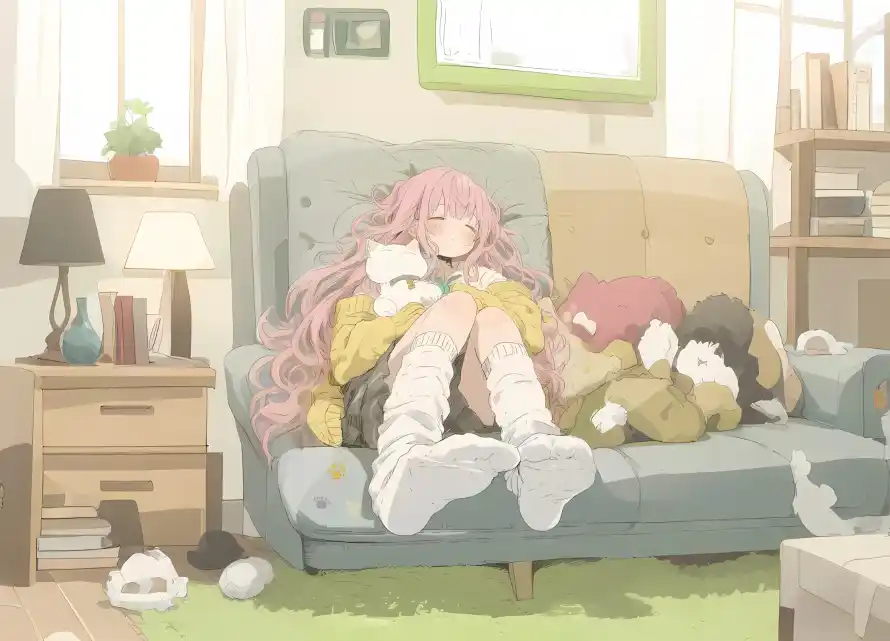 2k慵懒壁纸-二次元与沙发-粉发少女免费下载「哲风壁纸」
