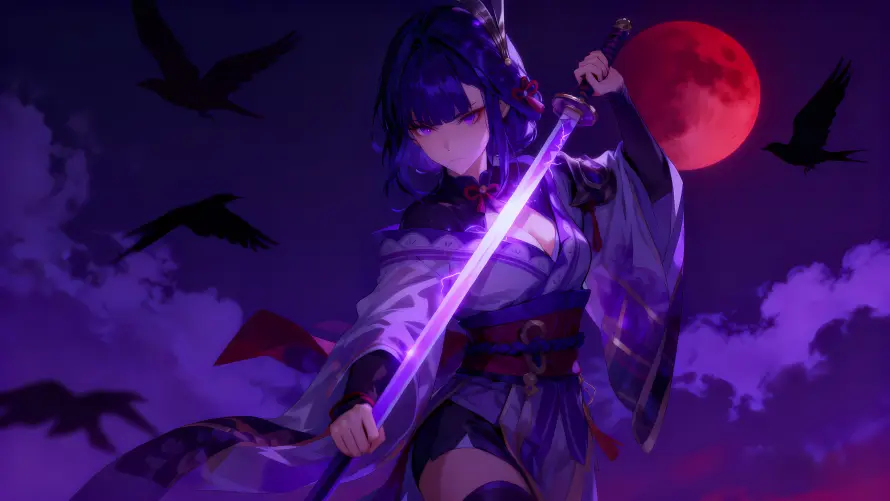3k乌鸦壁纸-雷电将军与紫剑-免费下载「哲风壁纸」