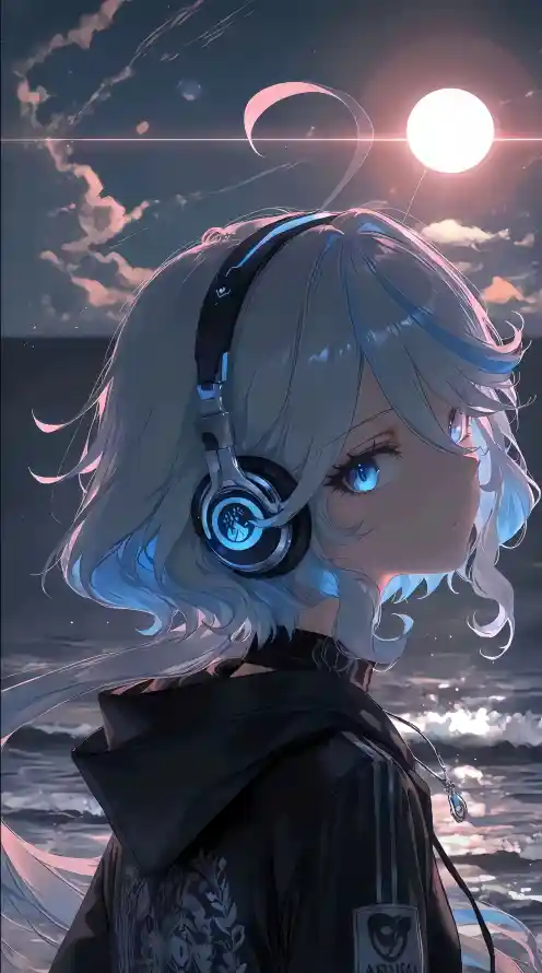 4k少女壁纸 - 海浪 - 海边 - 耳机「哲风壁纸」