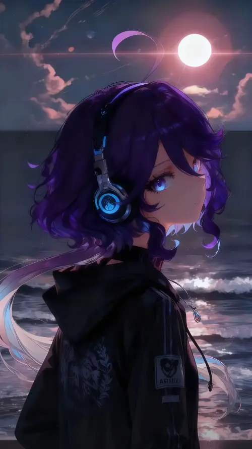 4k月夜壁纸 - 海浪 - 海边 - 耳机「哲风壁纸」