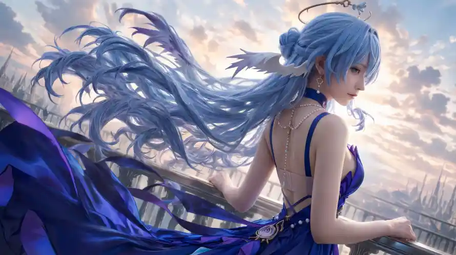 4k城市背景壁纸 - 天使光环 - 电脑壁纸 - 蓝发少女「哲风壁纸」