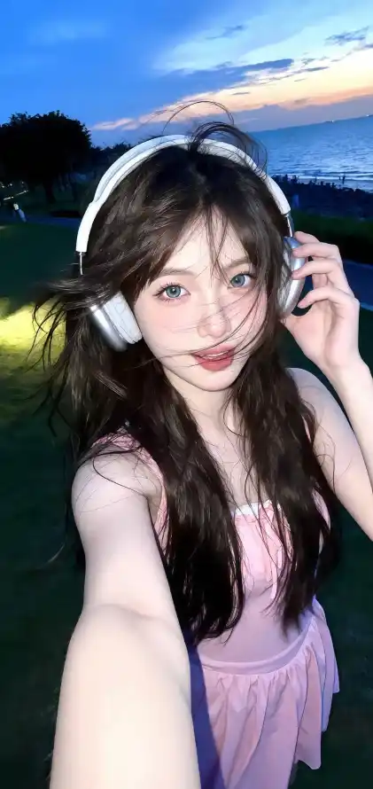 4k海边壁纸 - 美女 - 耳机 - 自拍「哲风壁纸」