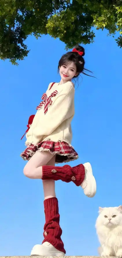 4k白猫壁纸 - 红袜 - 美女 - 蓝天「哲风壁纸」