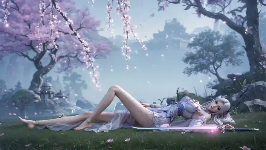 4k古风壁纸 - 樱花 - 紫裙 - 草地「哲风壁纸」