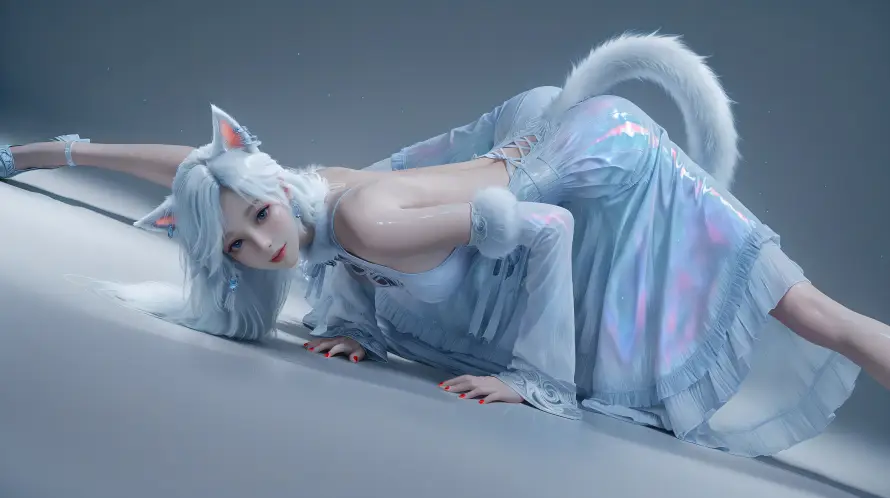 4k猫尾壁纸 - 猫耳 - 银月 - 银发白裙「哲风壁纸」
