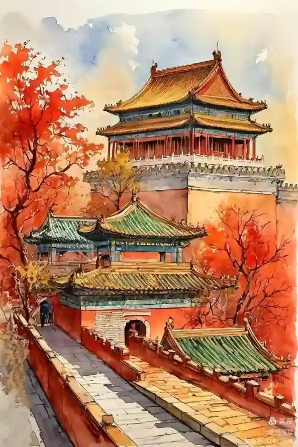 4k红枫壁纸 - 中国风 - 古建筑 - 水彩画「哲风壁纸」