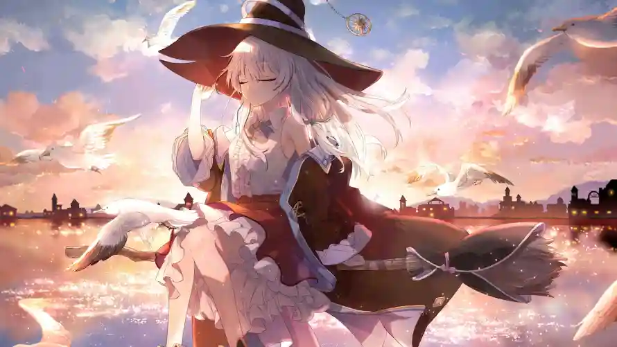 4k飞鸟壁纸 - 伊蕾娜 - 魔女帽 - 海边黄昏「哲风壁纸」