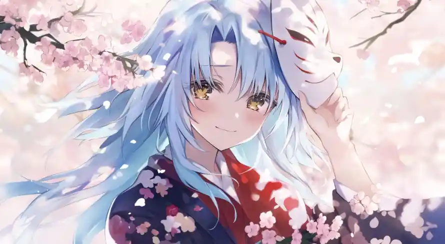 4k和服壁纸 - 面具 - 樱花 - 蓝发「哲风壁纸」