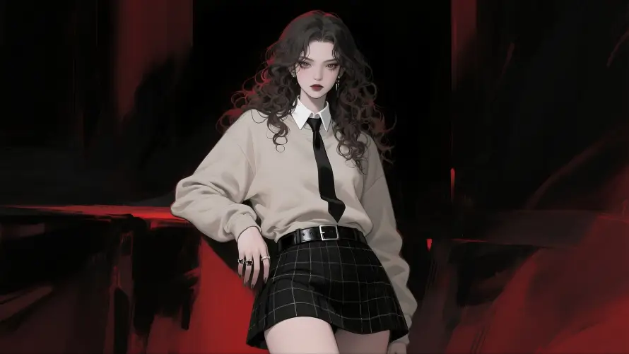4k动漫壁纸 - 美女 - 格子裙 - 红黑背景「哲风壁纸」