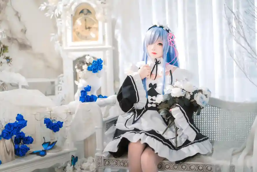 4k白丝壁纸 - 蓝花 - cos - 女仆装「哲风壁纸」