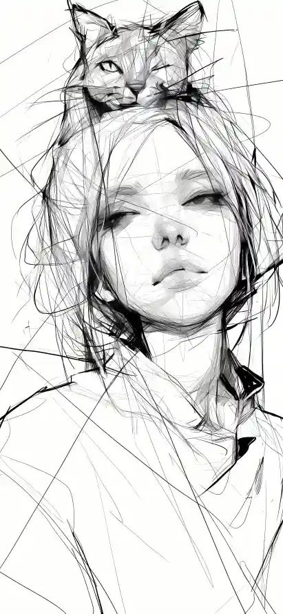 4k女孩壁纸 - 小猫 - 素描 - 线条「哲风壁纸」