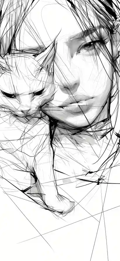 4k女孩壁纸 - 小猫 - 手绘 - 素描「哲风壁纸」