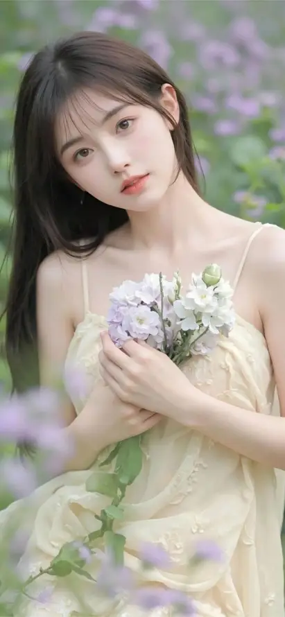4k清新壁纸 - 花海 - 米黄裙 - 手持花束「哲风壁纸」