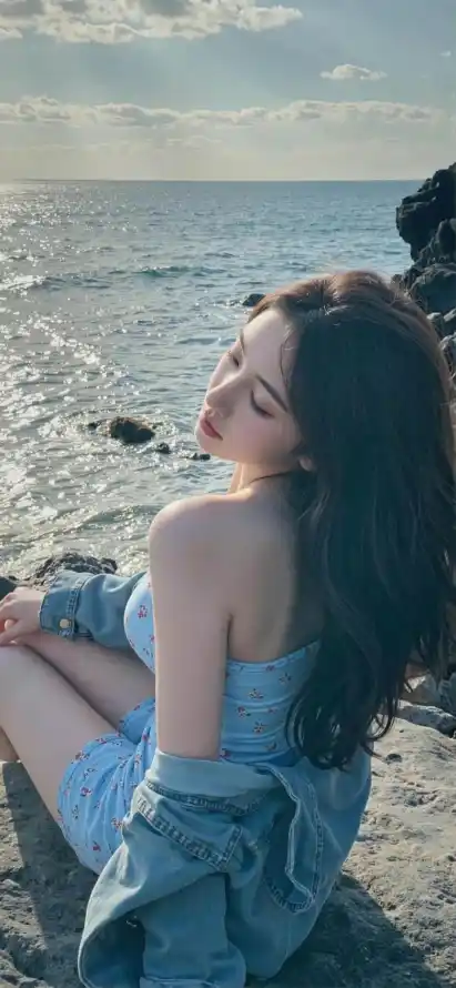 4k海边壁纸 - 礁石 - 蓝色穿搭 - 长发美女「哲风壁纸」