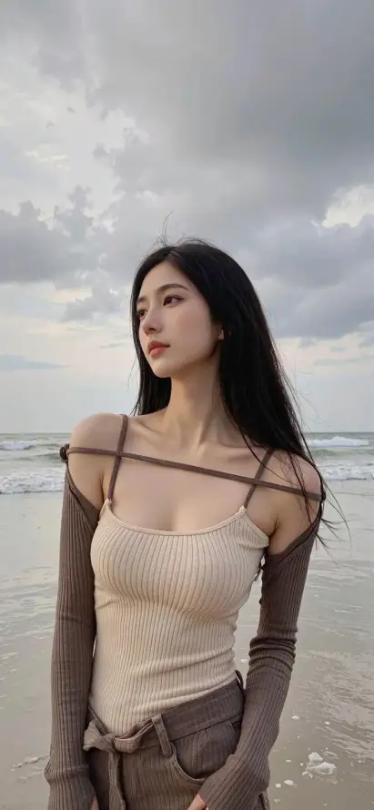 4k沙滩壁纸 - 长发 - 阴天 - 时尚穿搭「哲风壁纸」