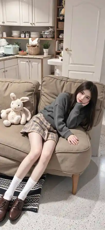 4k室内壁纸 - 格裙 - 沙发 - 白袜「哲风壁纸」