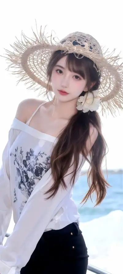 4k海边壁纸 - 美女 - 草帽 - 长发「哲风壁纸」