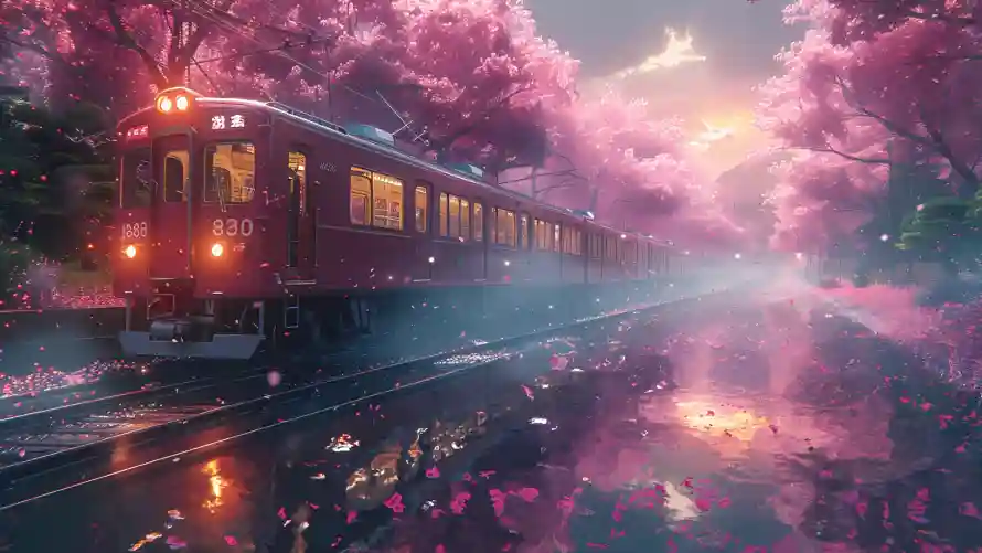 4k倒影壁纸 - 樱花 - 水面 - 火车「哲风壁纸」