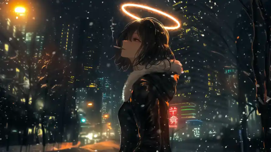 4k光环壁纸 - 冬季 - 动漫 - 夜晚「哲风壁纸」