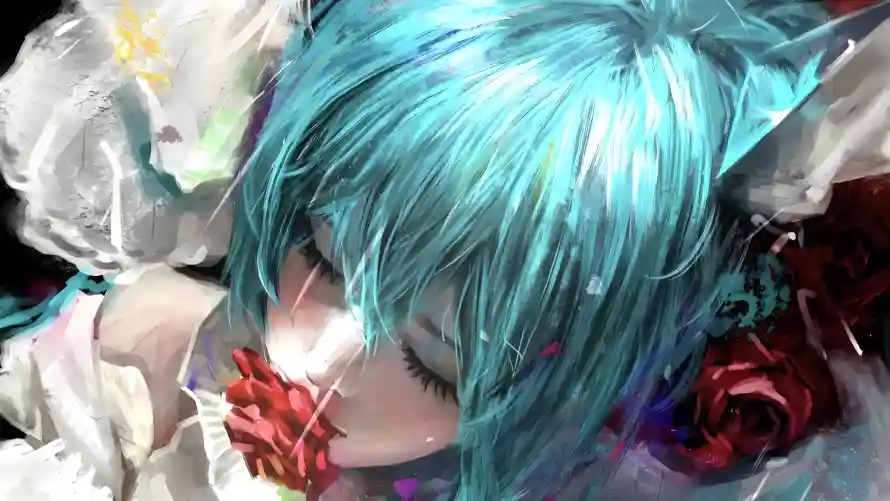 4k女孩壁纸 - 红温 - 花朵 - 蓝发「哲风壁纸」