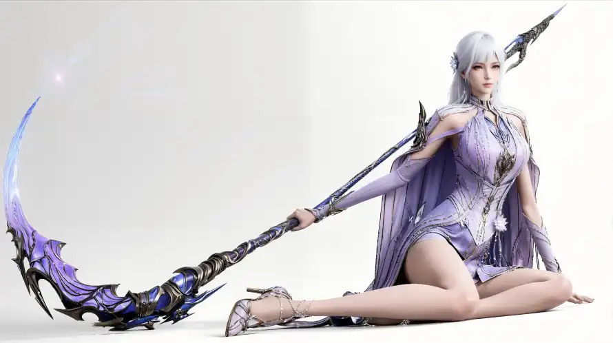 4k坐姿壁纸 - 武器 - 紫裙 - 银发「哲风壁纸」