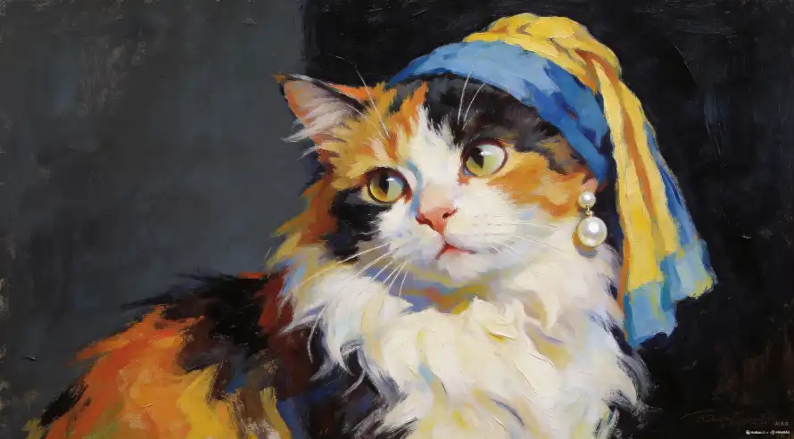 6k头巾壁纸-三色猫 - 猫-戴珍珠耳环的猫「哲风壁纸」