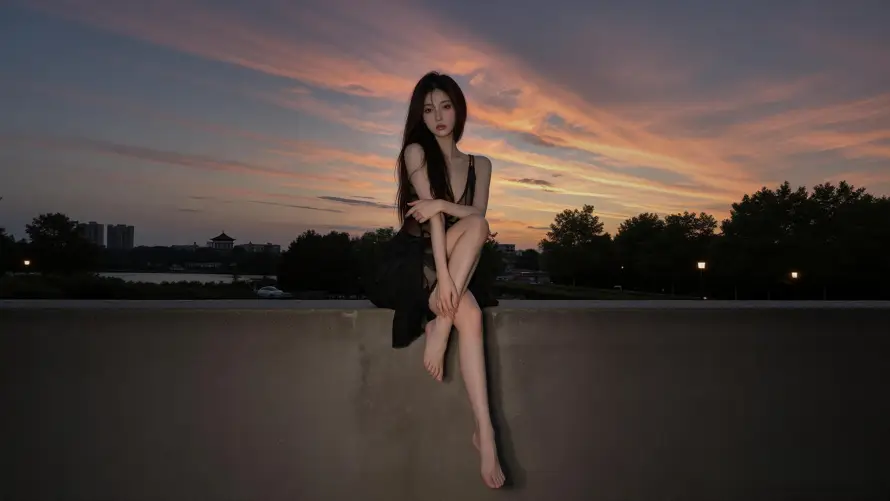 4k坐姿壁纸-夕阳美人与屋顶-长发美女壁纸分享「哲风壁纸」